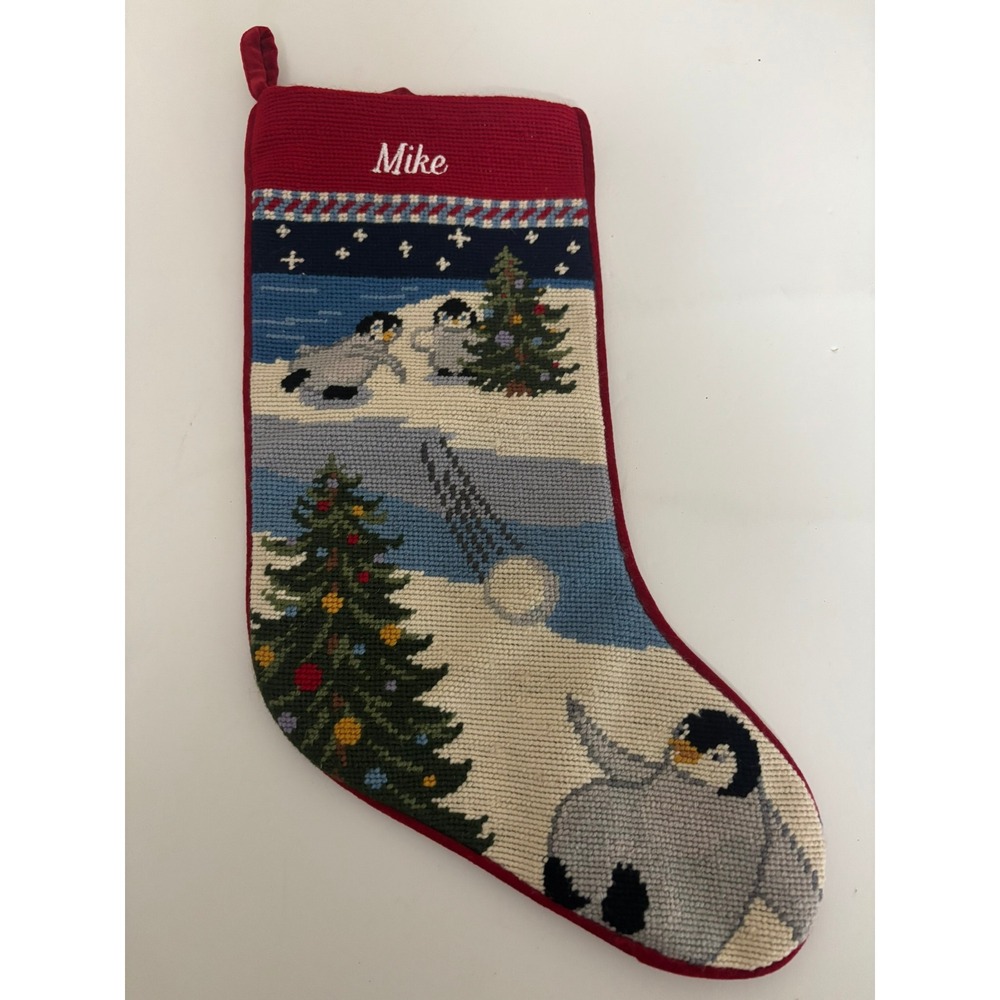 Vintage Lands End Penguin Needlepoint Christmas Stocking Wool Red Velvet MIKE